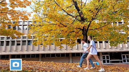 Two UNC-Chapel Hill students walking upward on the sidewalk of Cameron Avenue with a tree with yellow leaves seen in the background.